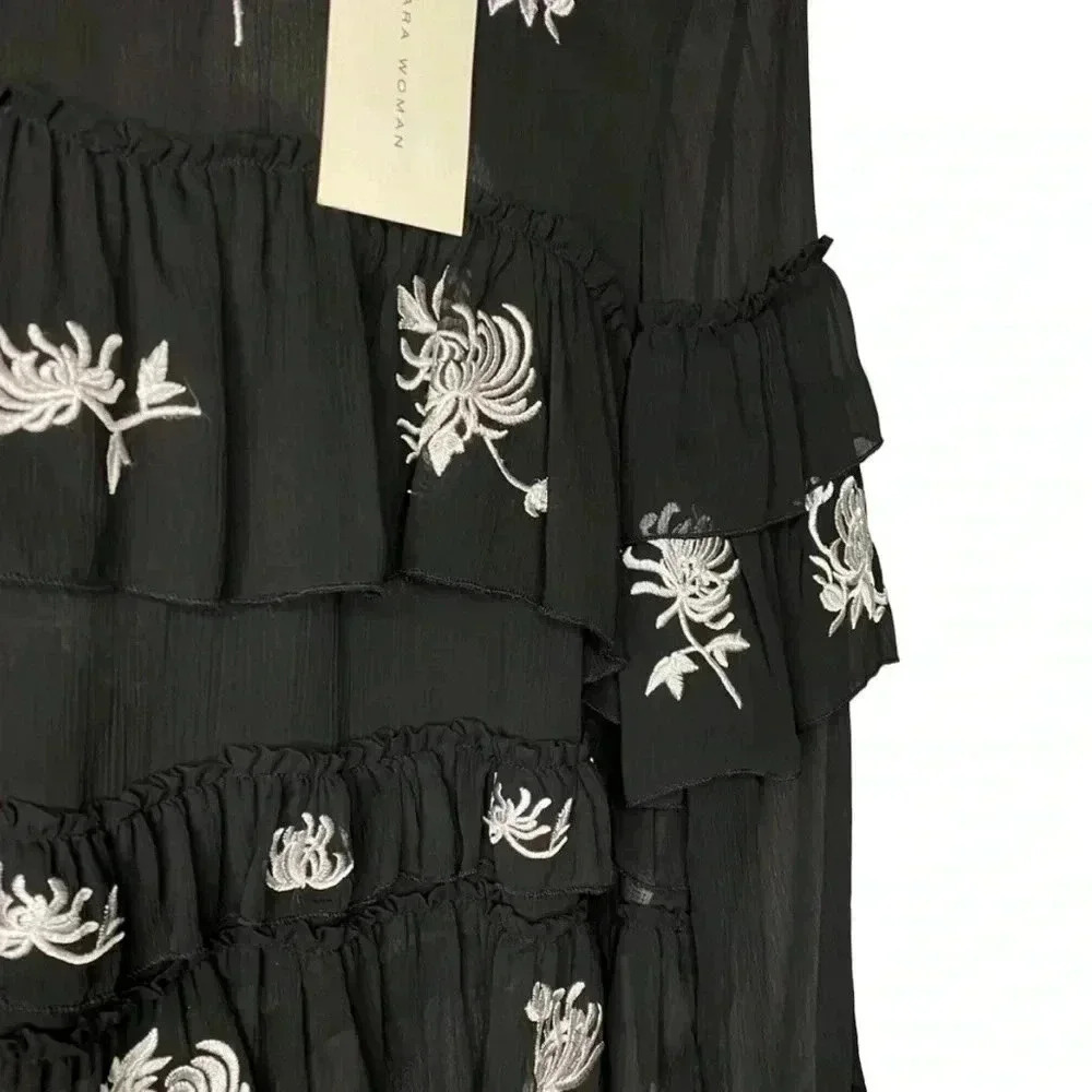 Zara RARE Embroidered Floral Black Tiered Blouse Too Size XS NWT - Picture 8 of 14